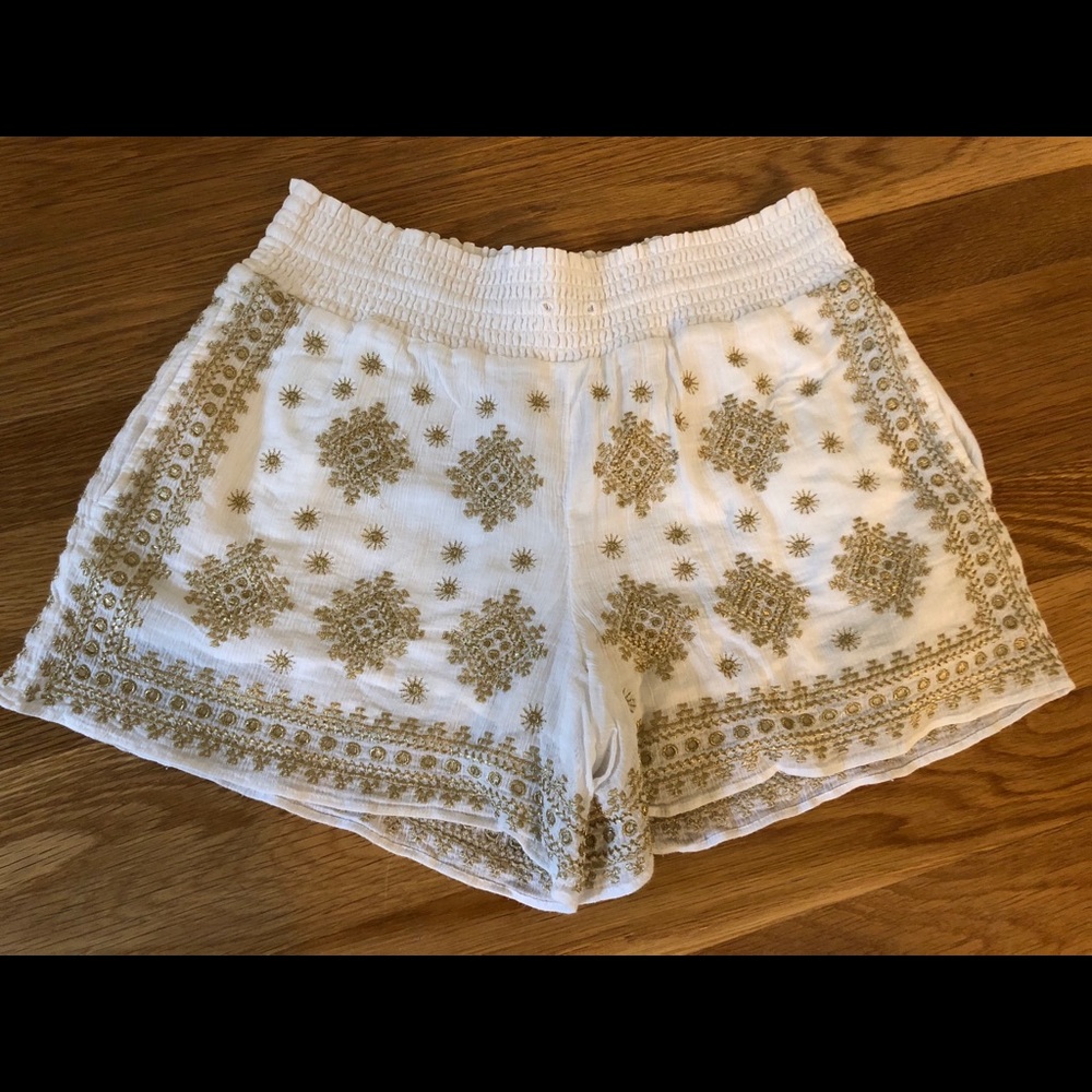 J crew flowy embroidered shorts! Gold embroidery